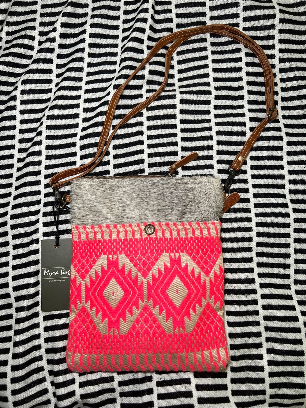 Myra Bag Hot Pink Aztec Crossbody with Gray Haircalf Trim and Brown Strap - Picture 1 of 6
